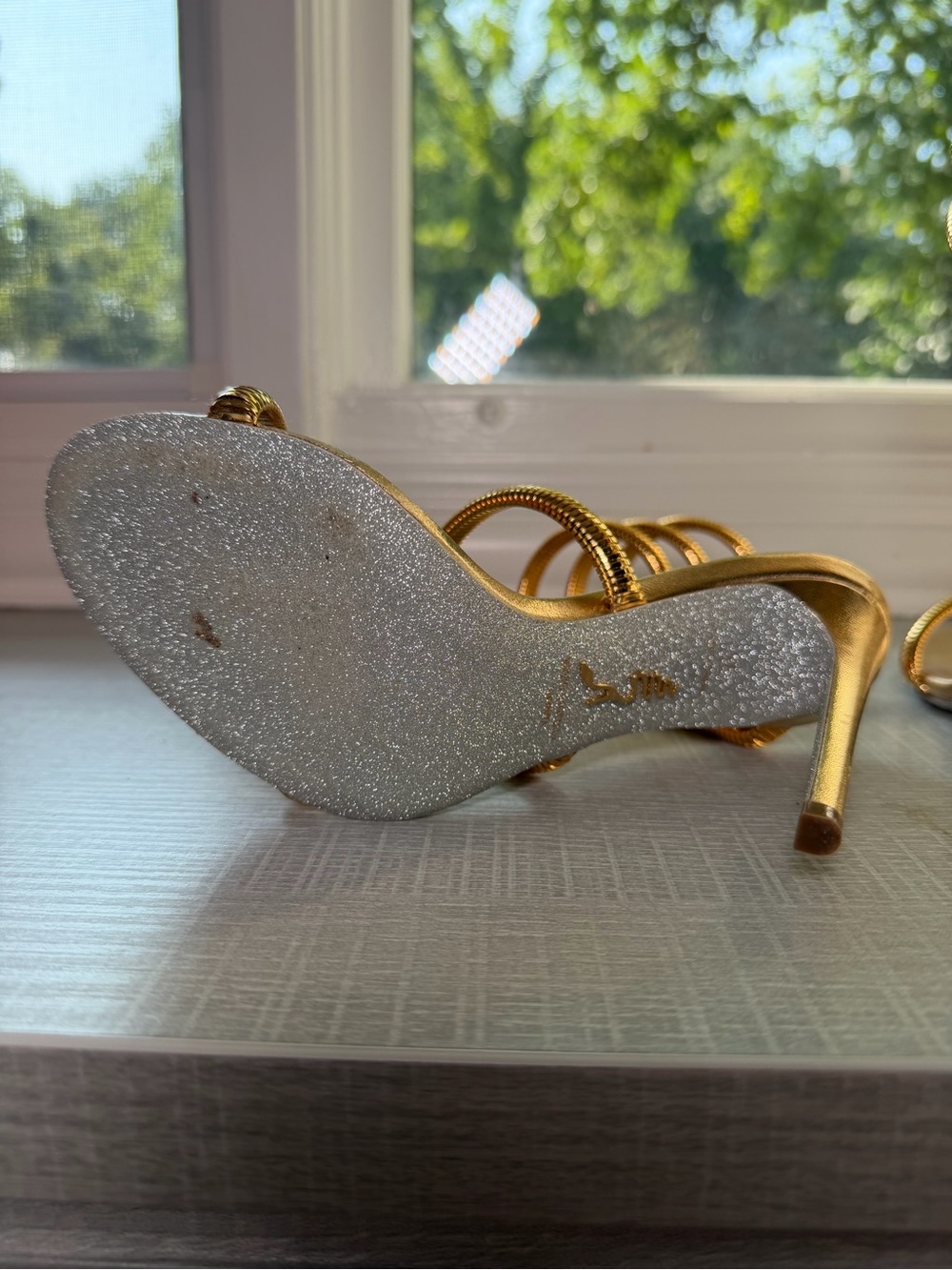 Rene Caovilla Metallic Gold Spiral Ankle-Strap Sandals - Picture 8 of 13